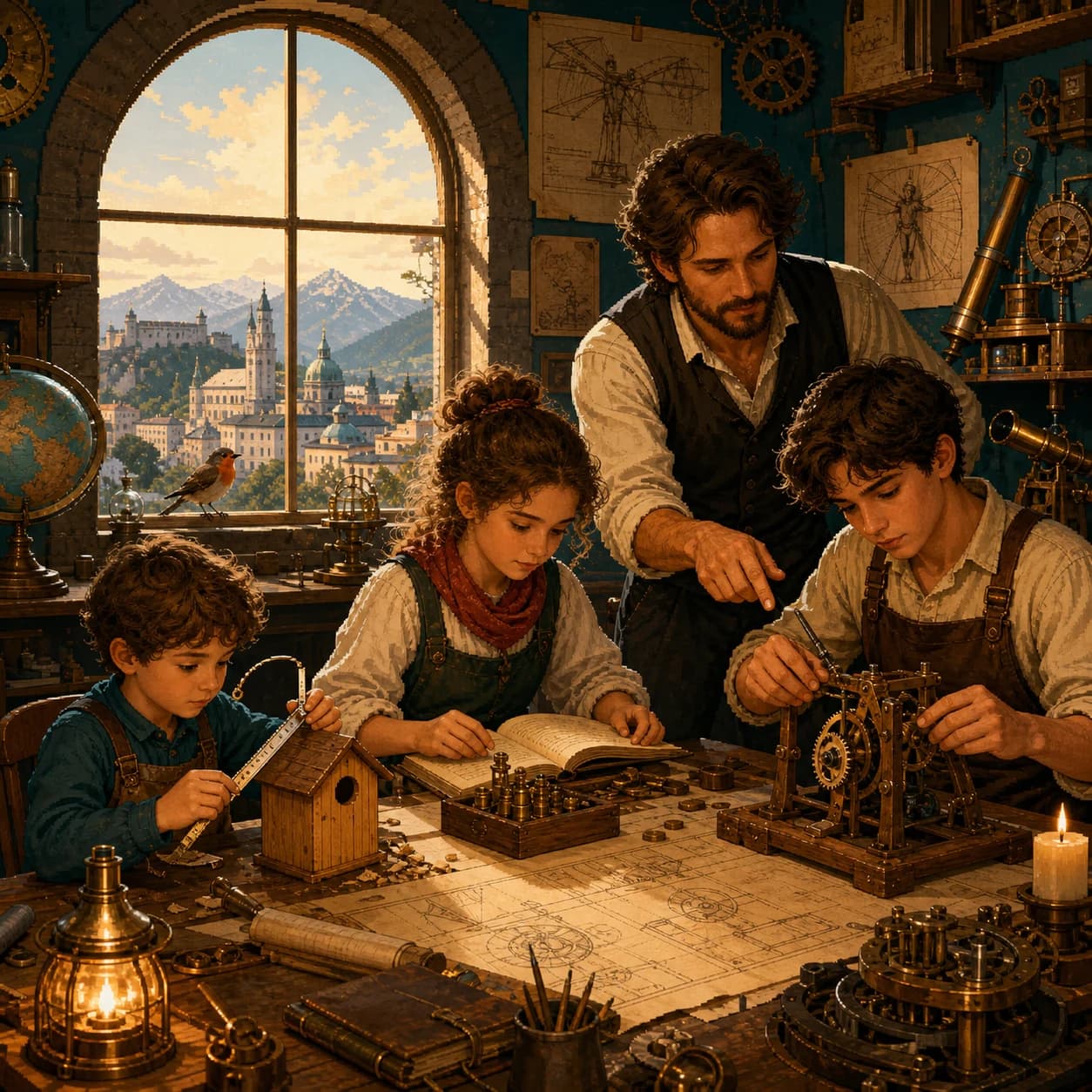 Three illustrated children of different ages building a wood model, drawing, and machine with a learning guide