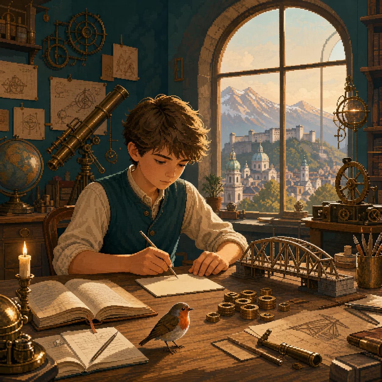 Illustrated child designing a bridge in a workshop with Salzburg behind