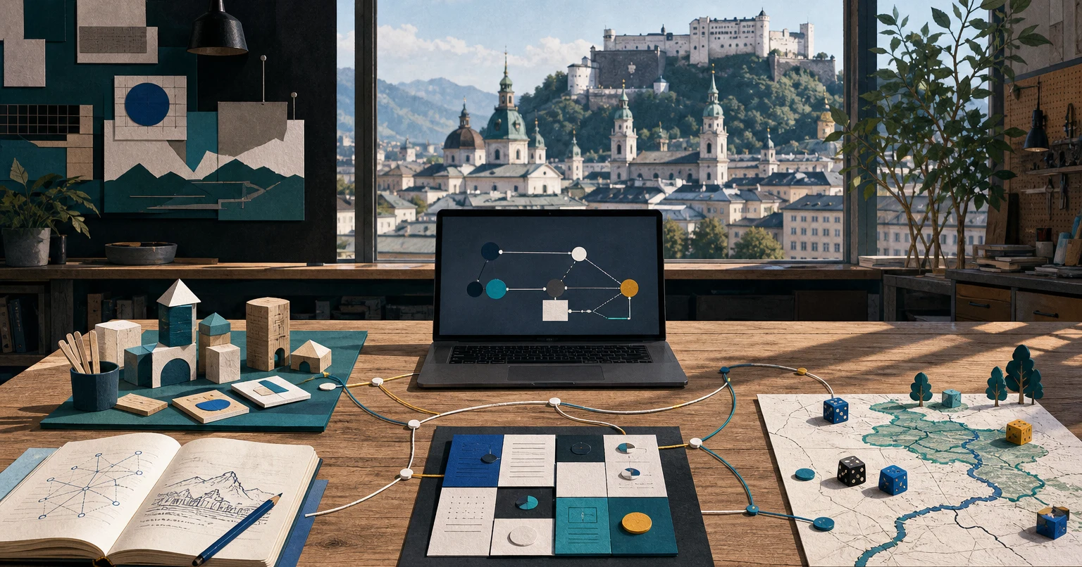 Illustrated workbench in front of a Salzburg silhouette with learning materials, a laptop, document cards and game dice