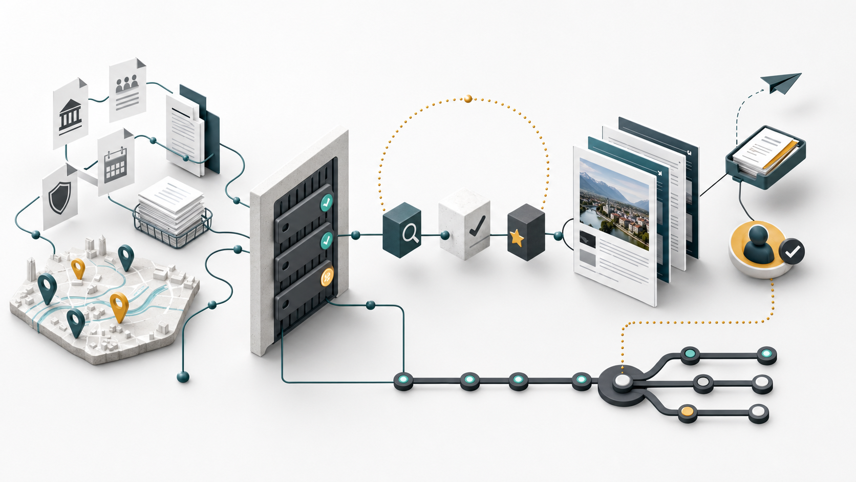 Illustration of a quality run with sources, review, human email stop, and publishing