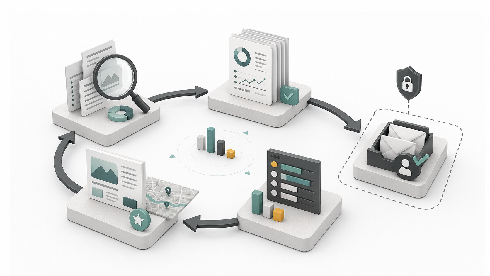 Illustration of a self-improvement loop with checking, reporting, prioritizing, and repair